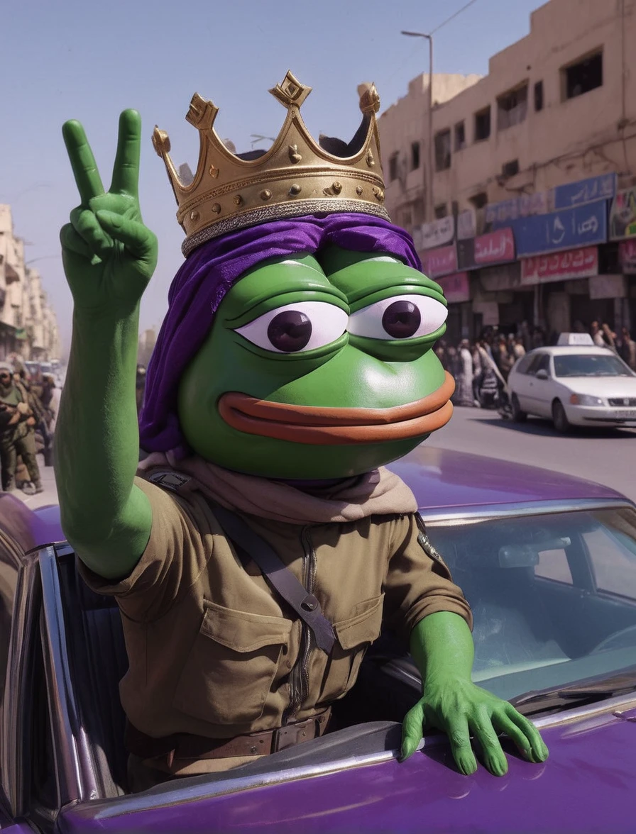 (web comic:0.8), Pepe in a car, wearing a militaristic leader outfit with a crown, waving with a serious expression. He has purple skin, and the car has 'ALLO' written on it. People are cheering in a modern-day Middle Eastern city, with a cinematic feel.