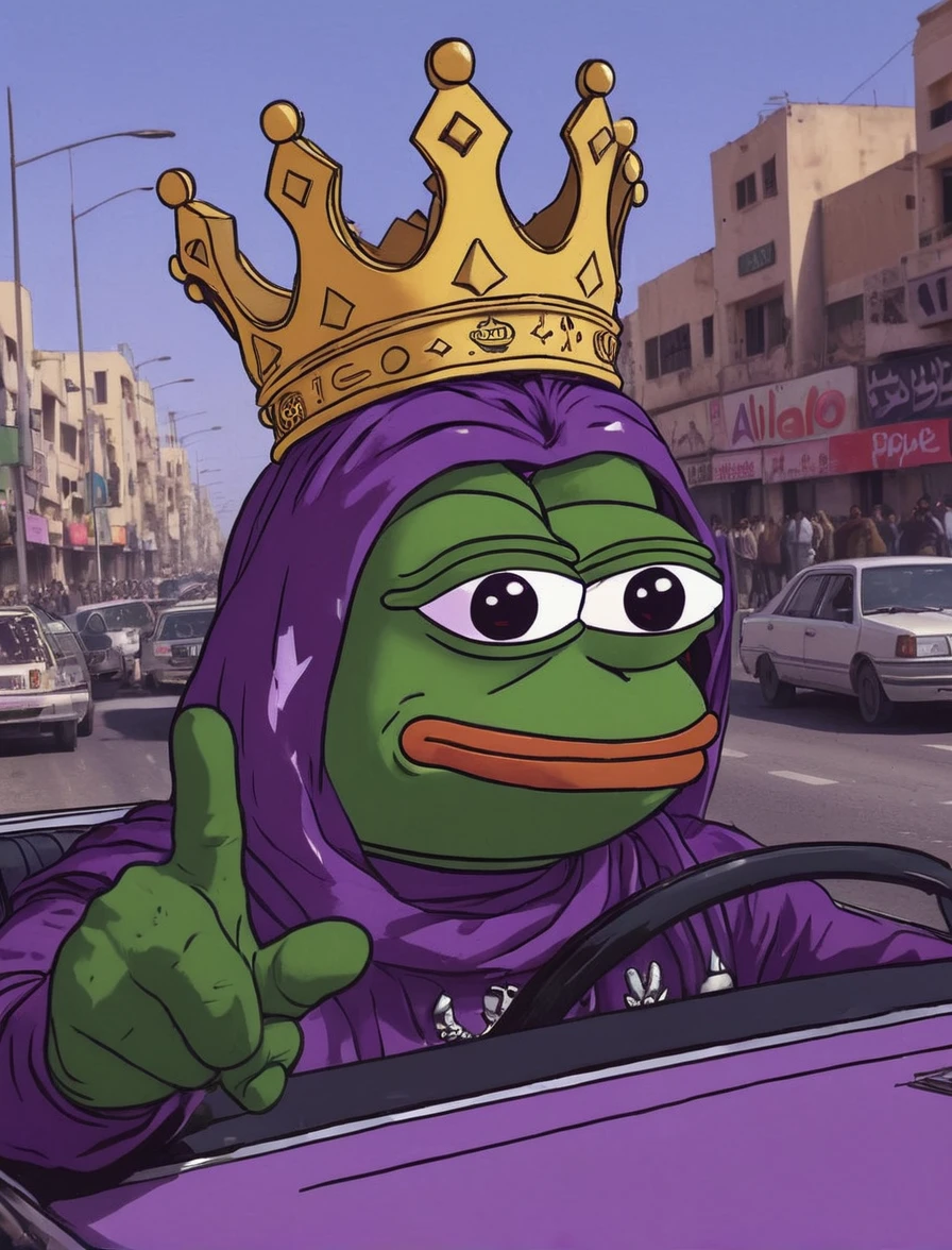 (web comic:0.8), Pepe in a car, wearing a militaristic leader outfit with a crown, waving with a serious expression. He has purple skin, and the car has 'ALLO' written on it. People are cheering in a modern-day Middle Eastern city, with a cinematic feel.