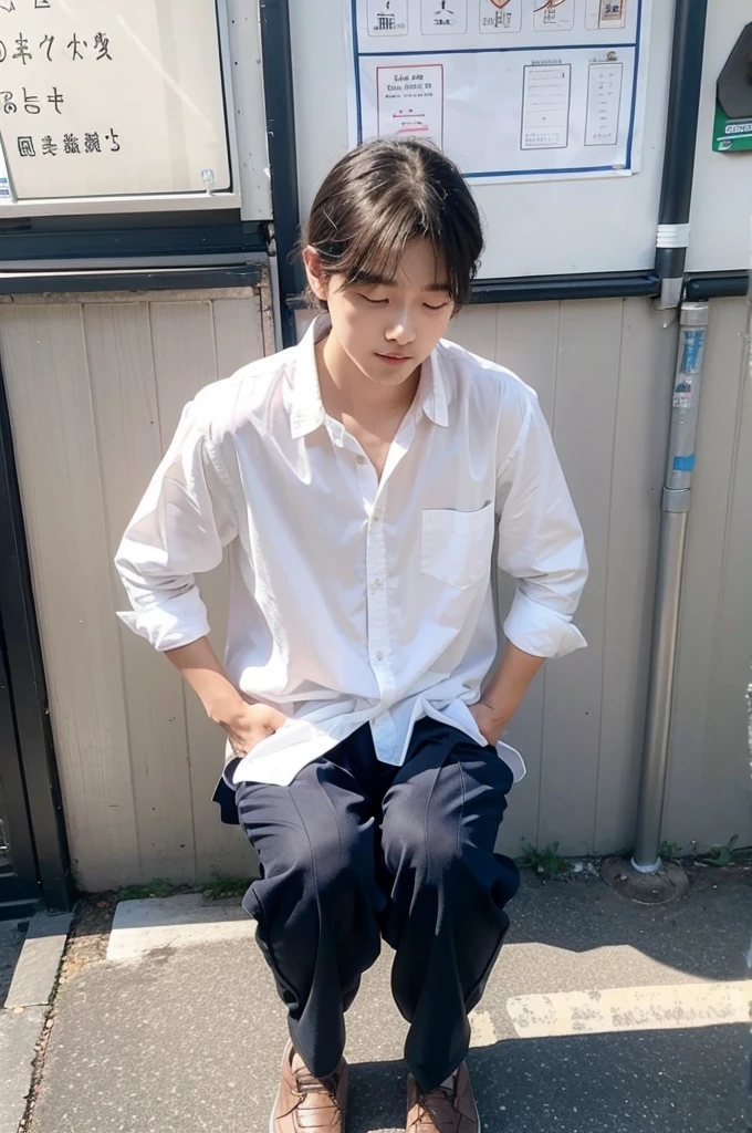 masterpiece, best quality, messy hair, winter interior, 1boy, solo, beige sweater vest, white collar shirt, short sleeves, male focus, 4k, 8k, 10 years old