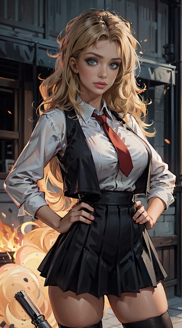 ((masterpiece, best quality)), insaneres, absurdres, solo, outdoors,
CLOTHING_BibleBlack_SchoolDress_ownwaifu, 
1girl, blonde hair,  long hair, blue eyes, 
black vest, red skirt, white shirt, collared shirt, suspenders, , black thighhighs, zettai ryouiki, necktie, long sleeves, pleated skirt, red necktie, 
(contrapposto, hand on hip)lens flare, depth of field, bokeh, embers, vanishing point, looking at viewer,huge 