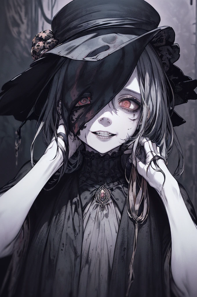 (masterpiece:1.2, Highest quality), (Actual Photos, Intricate details), (1 female, alone, Upper Body, Small breasts) ，Black pointed hat、witch、Eyes Wide Open、scared雰囲気、Distorted facial expressions、Twisted smile、Scratching your face、bleeding from the face,、Blood splatter、Blood splatter、whole body、Punk Fashion、Twin tails、Long Hair、I have very long bangs、Black Hair、（（（Dark circles under the eyes）））、Pale skin、Feeling unwell、Pathological、Wicked Smile、Crazy Eyes、（Grin）White Background((Yandere, Yandere simulator, There is blood on the face, Bloody clothes, scared, Dark Theme)), (Long Hair, Red eyes, Bright Eyes, Evil Face, Wicked Smile,  Browsing Caution), Light coming from below, Shadowed face