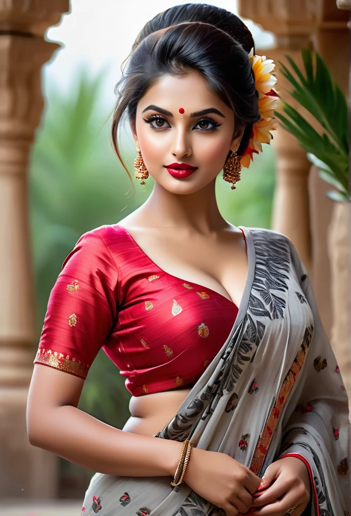 perfect pink eyes, fantastic face, realistic Indian, beautiful look, ((red lips, bright eyes, curve heir 1.5)), ((beautiful details very big breast )), (Straight round and ultra huge clevage, not sagging breast), A glorious gorgeous, glorious gorgeous face, pretty face, bright eyes, detailed elegant printed red saree, updo elegant hair, blurred gray tones background, ultra focus, face ilumined, face detailed, 8k resolution, painted, dry brush, brush strokes, razumov style and garmash style, by Tokaito, ((Full Open )), full body, sexy open thin belly, upper body part totally naked, sexy Big breast, wearing colourful bikini