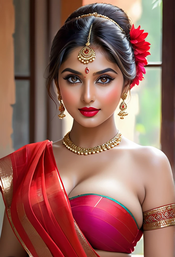 perfect pink eyes, fantastic face, Indian, beautiful look, ((red lips, bright eyes, curve heir 1.5)), ((beautiful details very big breast )), (Straight round and ultra huge clevage, not sagging breast), A glorious gorgeous, glorious gorgeous face, pretty face, bright eyes, detailed elegant printed red saree, updo elegant hair, blurred gray tones background, ultra focus, face ilumined, face detailed, 8k resolution, painted, dry brush, brush strokes, razumov style and garmash style, by Tokaito,  ((Full Open )), full body, sexy open thin belly, upper body part totally naked, sexy Big breast, wearing colourful bikini 