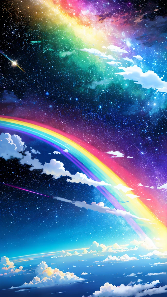 Painting of an iridescent sky with clouds and a rainbow, So colorful and heavenly, Mysterious rainbow halo, Bright rainbow halo, rainbow clouds, Colors of Heaven, About space cloudscapes, Sunny rainbow galaxy stormy ocean, rainbow clouds, Fantasy Naihong, rainbow clouds, Sitting on a cloud in space, Heavenly planets in the background, Iridescent sky, Heavenly atmosphere 