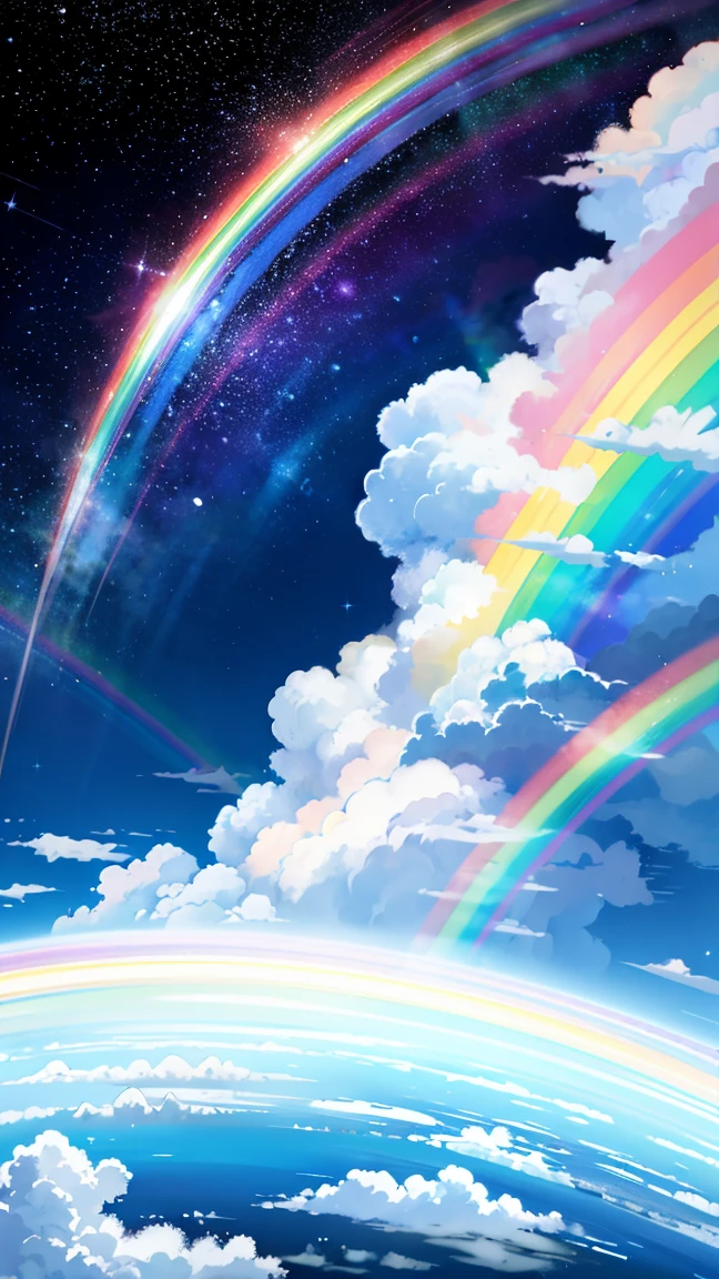 Painting of an iridescent sky with clouds and a rainbow, So colorful and heavenly, Mysterious rainbow halo, Bright rainbow halo, rainbow clouds, Colors of Heaven, About space cloudscapes, Sunny rainbow galaxy stormy ocean, rainbow clouds, Fantasy Naihong, rainbow clouds, Sitting on a cloud in space, Heavenly planets in the background, Iridescent sky, Heavenly atmosphere 