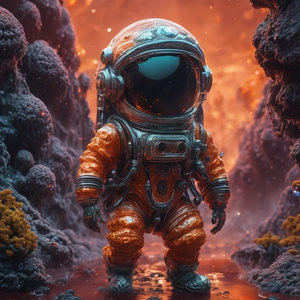 best quality, very good, 1.60,000, ridiculous, Extremely detailed, Cute slime astronaut，Made of translucent boiling lava, Background Alien World ((A masterpiece full of fantasy elements))), ((Best quality)), ((Intricate details)) (8K), ((best quality)), ((Intricate details)) (8K)