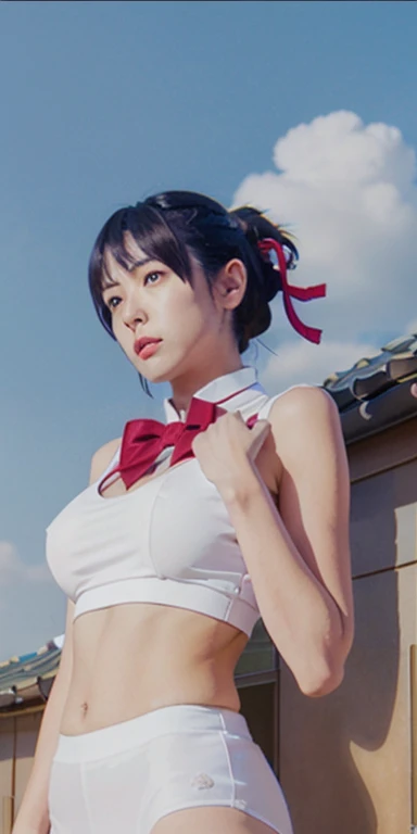 miyamizu_mitsuha, red bowtie,
jewelry, white yoga crop top, white yoga tight shorts, hands on chest,see-through, looking at viewer,  hair ornament, choker, shy,
(masterpiece, top quality, best quality, official art, beautiful and aesthetic:1.2), (1 girl), extreme detailed,  colorful, highest detailed,
(huge breasts:1.2, upper body, from below,  cameltoe,  ) white panties,
china city,street,  sun, cloud, wall, leaning,