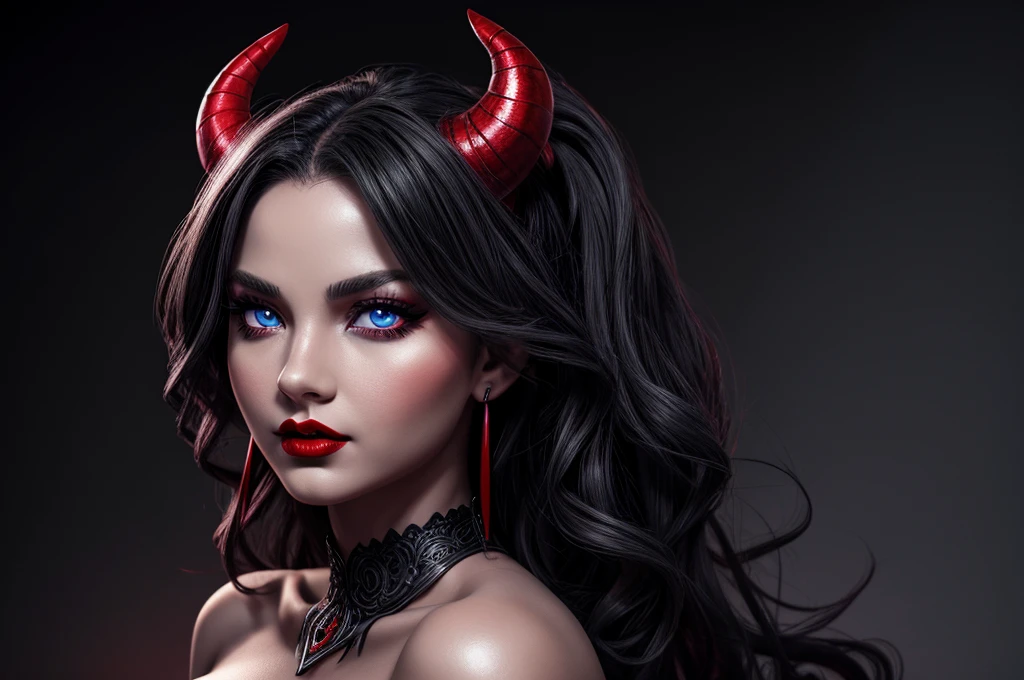 demon with high quality detail, demoness with beautiful model face, shimering lips, model face, black and grey color, half body pose, very high detail, 8K resolution, bright red lipstick, chubby, blue eyes, fat, dark grey background, no horn