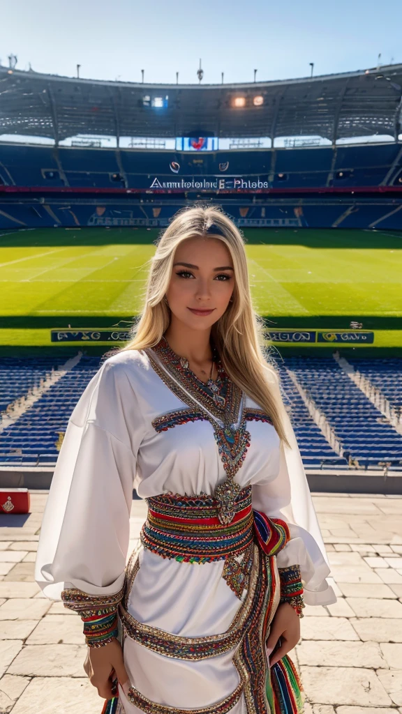 Most beautiful german blonde lady, wearing kabyle robe, kabyledress, amazigh, berber, kabyleoutfits, bijoux, football stadium background,euro 2024 germany, realistic,4k, professional, 