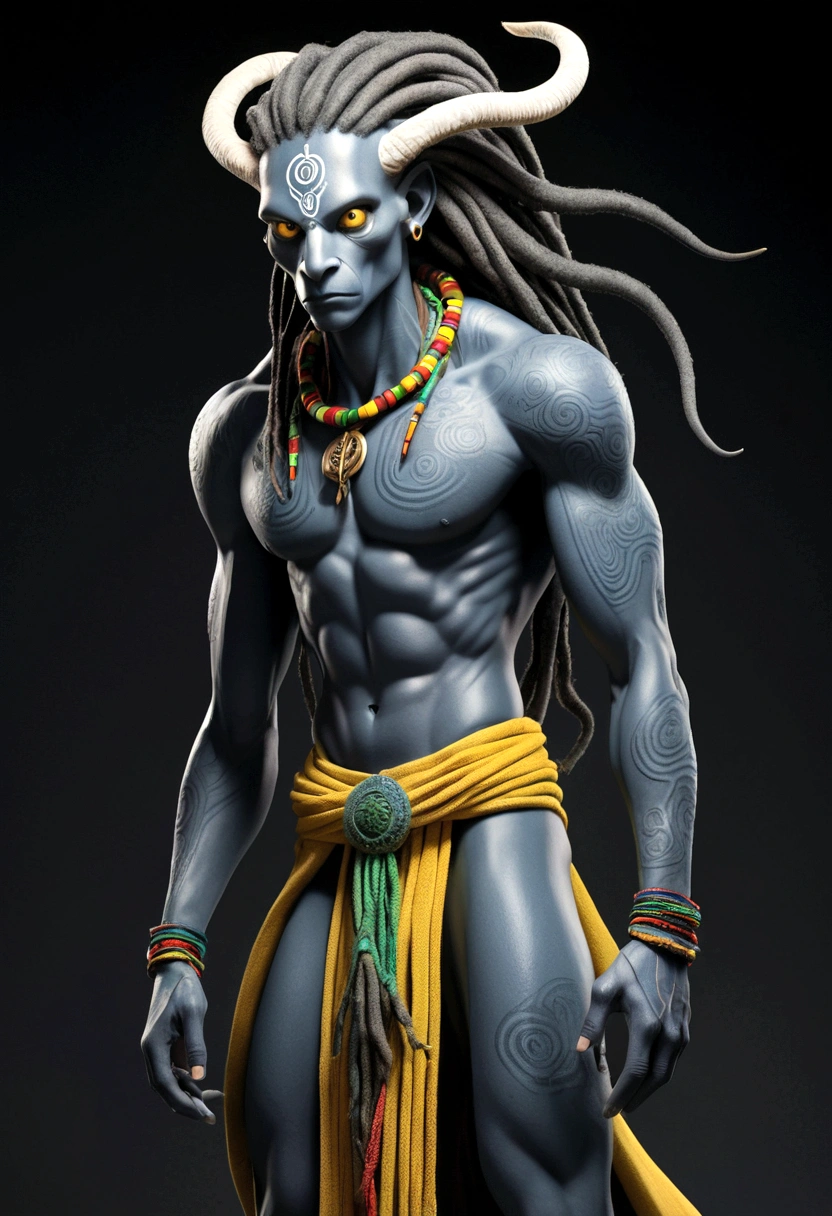 full body view with depth An epic, a scaly skin, Rasta style hair around, he wears a cord with mystical symbols illustration of a shadowy entity. A tall, muscular humanoid figure with unusual features, like white skin like plaster, cut mouth, slanted and larger than normal yellow eyes and large ears, pointed, thin and strange, wearing blue-gray clothes.at night, o Forest Spirit se transforma no Daidarabotchi, an imposing figure, translucent and more abstract that glows with a blue light. In this form, the steps of the spirit cause vegetation to grow and wither, highlighting your role as giver and taker of life. Bright floating flower balls represent the essence of the forest