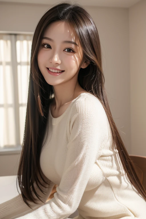 masutepiece, Best Quality, Illustration, Ultra-detailed, finely detail, hight resolution, 8K Wallpaper, Perfect dynamic composition, Beautiful detailed eyes, Mocha long sleeve knit dress,Straight hair,Small breasts natural color lip, Randomly sexy poses,Smile、20 years girl、Cute、Sexy shot looking at camera,Perfect and beautiful face