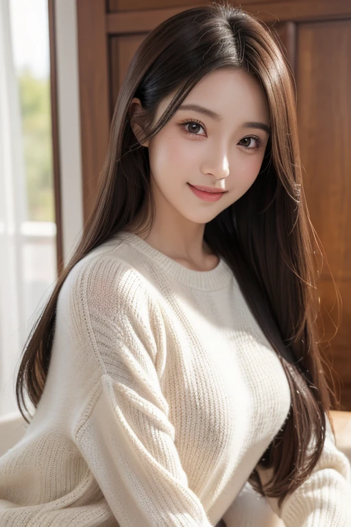 masutepiece, Best Quality, Illustration, Ultra-detailed, finely detail, hight resolution, 8K Wallpaper, Perfect dynamic composition, Beautiful detailed eyes, Mocha long sleeve knit dress,Straight hair,Small breasts natural color lip, Randomly sexy poses,Smile、20 years girl、Cute、Sexy shot looking at camera,Perfect and beautiful face