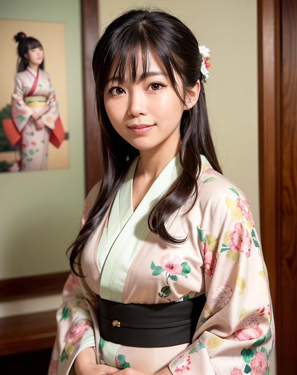 best quality, face focus, (depth of field) ,ultra high res, (photorealistic:1.4), RAW photo, Japanese-style room, alcove, hanging scroll
(portrait:1.4)
1japanese girl, solo, cute, smile, (brown eyes), natural face, (midi hair),
(kimono:1.5)