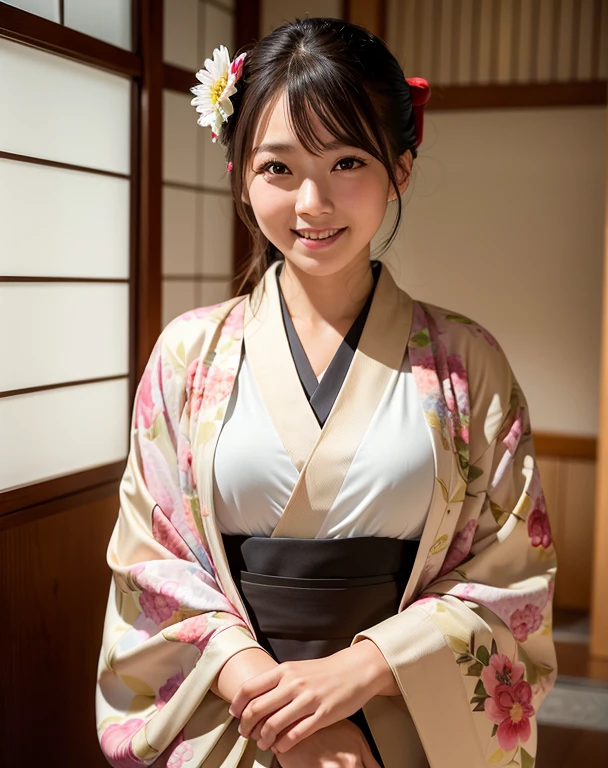 best quality, face focus, (depth of field) ,ultra high res, (photorealistic:1.4), RAW photo, Japanese-style room, alcove, hanging scroll
(portrait:1.4)
1japanese girl, solo, cute, smile, (brown eyes), natural face, (midi hair),
(kimono:1.5)
