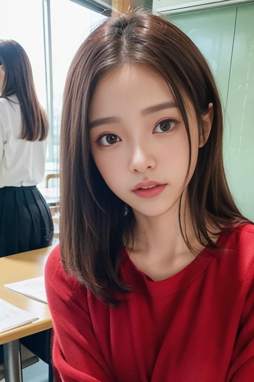 randome pose、top-quality、超A high resolution、(Photorealsitic:1.5)、1人、Red sweater、(Brown hair:1.2)、(huge-breasted:1.2)、Classroom、looking at viewert、a closeup、full body Esbian、Nasty eyes