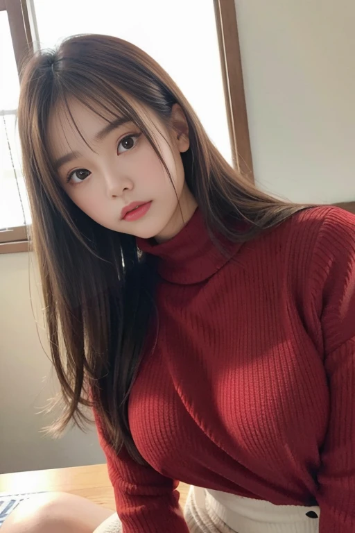 randome pose、top-quality、超A high resolution、(Photorealsitic:1.5)、1人、Red sweater、(Brown hair:1.2)、(huge-breasted:1.2)、Classroom、looking at viewert、a closeup、full body Esbian、Nasty eyes