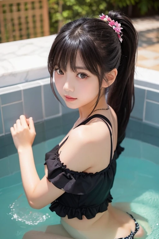 cute、beautiful girl、sexy、Japanese、Black Hair、tits、valley、low length、Fair skin、Big eyes、、Long Hair、ponytail、glamorous、Frilled swimsuit、Pareo、Bathtub