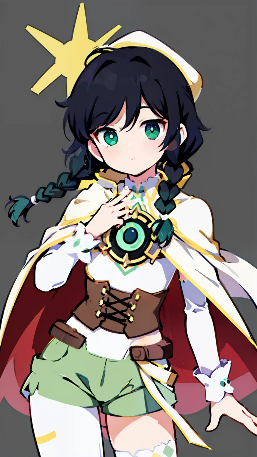 ⭐, Venti, black hair, bow, shorts, green shorts, brown corset, white blouse, collared cape, green beret, long sleeves, pantyhose, twin braids, gradient hair, white shirt, androgenous, NO_LINE_ART