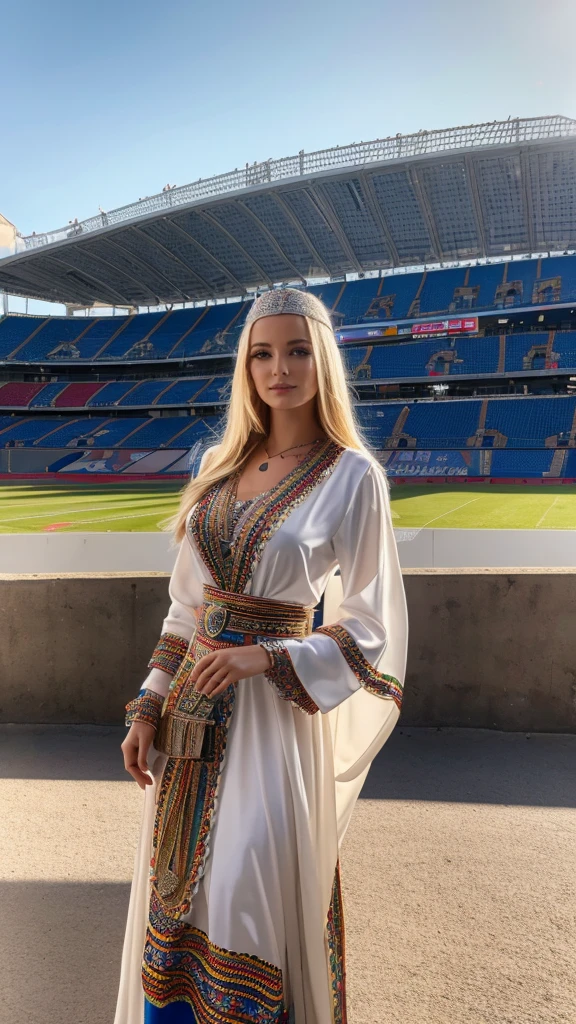 Most beautiful german blonde lady, wearing kabyle robe, kabyledress, amazigh, berber, kabyleoutfits, bijoux, football stadium background,euro 2024 germany, realistic,4k, professional, 