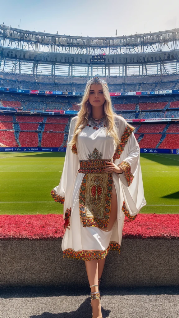 Most beautiful german blonde lady, wearing kabyle robe, kabyledress, amazigh, berber, kabyleoutfits, bijoux, football stadium background,euro 2024 germany, realistic,4k, professional, 