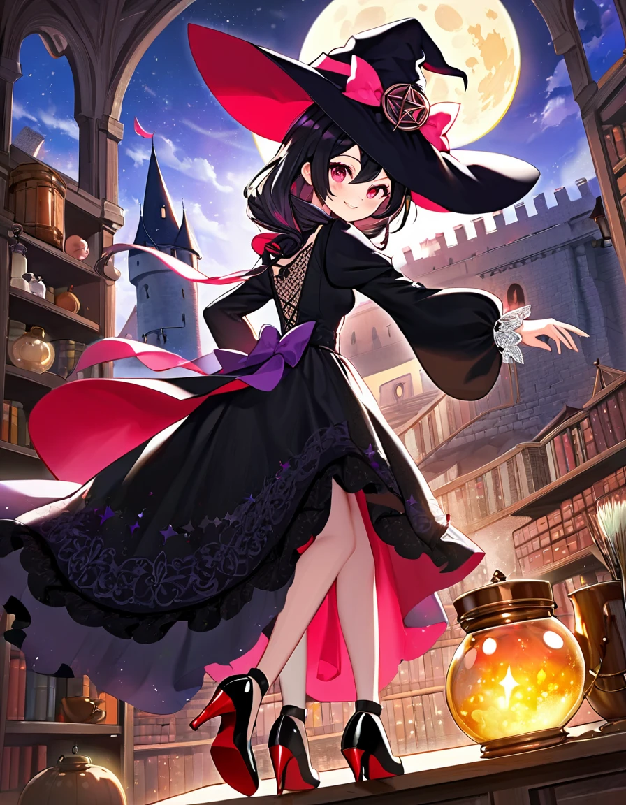 woman,((Lovely),beautiful eyes,make up,(Smile),open mouth,(Double tail),pink,night,masterpiece,high resolution,Surrealism,提high resolution,original photo,Best quality,Looking down at the audience,Little Witch