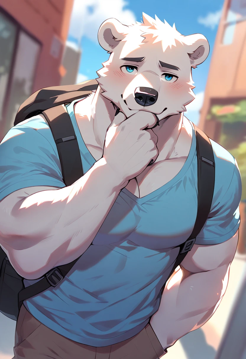 polar bear, 1boy, male, solo, (muscle:0.3), big tits, pecs, shy face, casual clothes, backpack, hand under chin, pan left angle, look at viewer