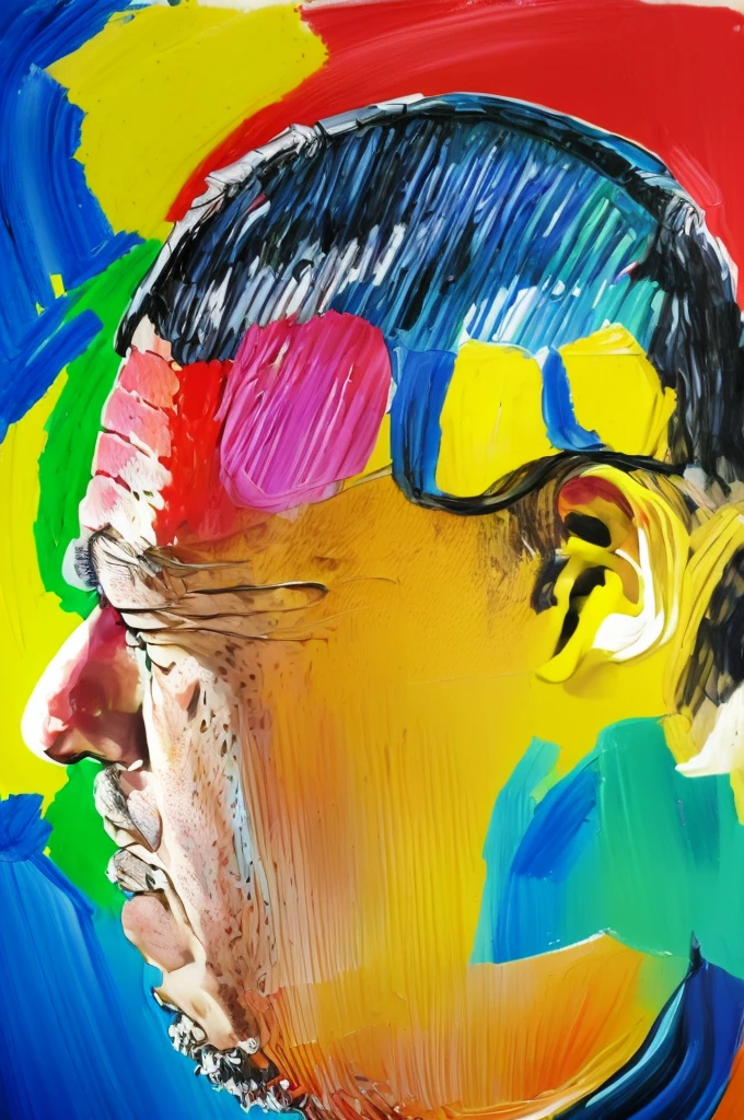 "A shoulder-up portrait in oil paint of prime minister(BENJAMIN NETANYAHU), painted solely with primary colors - red, yellow, and blue, using thick brushstrokes, with a splash of black paint in the background."