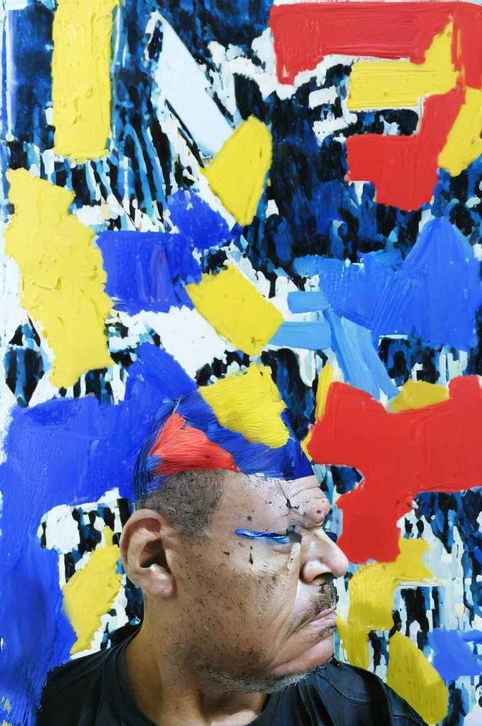 "A shoulder-up portrait in oil paint of prime minister(BENJAMIN NETANYAHU), painted solely with primary colors - red, yellow, and blue, using thick brushstrokes, with a splash of black paint in the background."