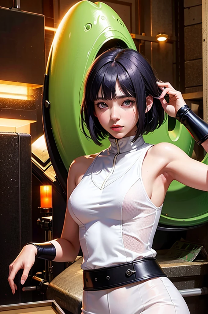 (8k), (best quality), (masterpiece:1.2), (realistic), (photorealistic:1.37), ultra-detailed, Faye Valentine, 1girl, green eyes, sexy smile, purple hair, medium breasts, cleavage, hairband, highleg, navel, panties, short hair, solo, yellow hairband, full body, panoramic, near a spaceship, natural skin, perfect hands, five fingers, (detailed eyes:1.2), (detailed face:1.2), (realism:1.2), (masterpiece:1.2), (best quality), (ultra detailed), (intricate), (85mm), (highly detailed:1.2), (gradients), sfw,