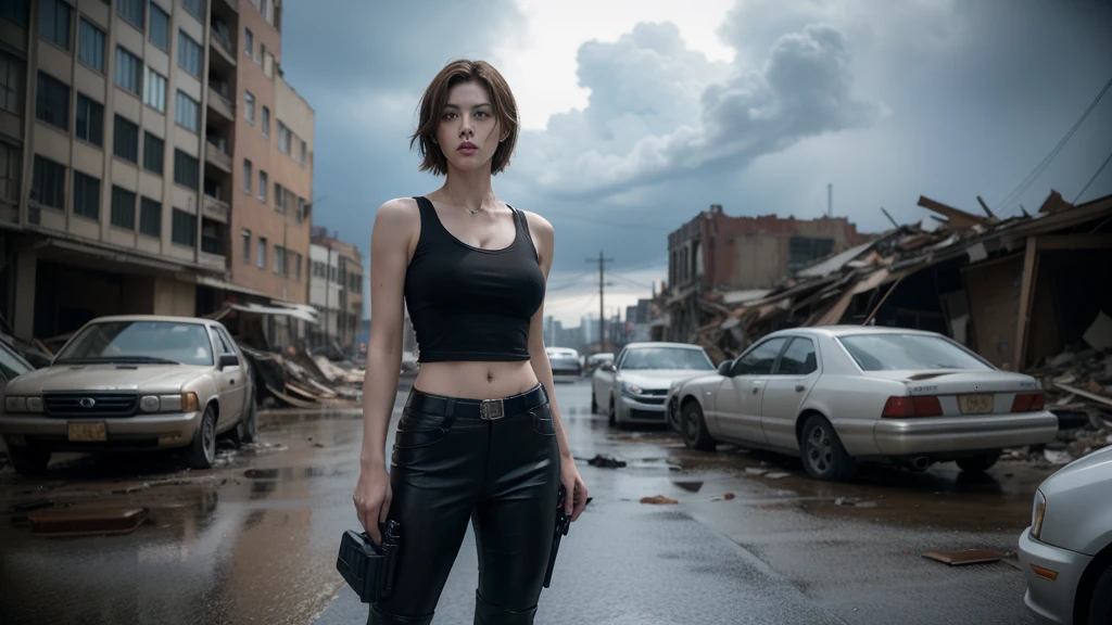 movie「resident evil」Heroine of the series、Depicting Alice Abernathy。Early 30s、shoulder-length brown hair、blue eyes。Wearing combat uniform、Black tank top、Black pants、Put on the boots。With a pistol in each hand、Looking straight ahead with a serious expression。The background is a devastated city、Destroyed buildings and cars scattered around。Heavy clouds hang over the gloomy sky。Alice is powerful、Standing with determination。