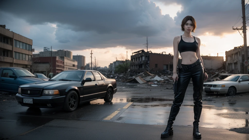 movie「resident evil」Heroine of the series、Depicting Alice Abernathy。Early 30s、shoulder-length brown hair、blue eyes。Wearing combat uniform、Black tank top、Black pants、Put on the boots。With a pistol in each hand、Looking straight ahead with a serious expression。The background is a devastated city、Destroyed buildings and cars scattered around。Heavy clouds hang over the gloomy sky。Alice is powerful、Standing with determination。