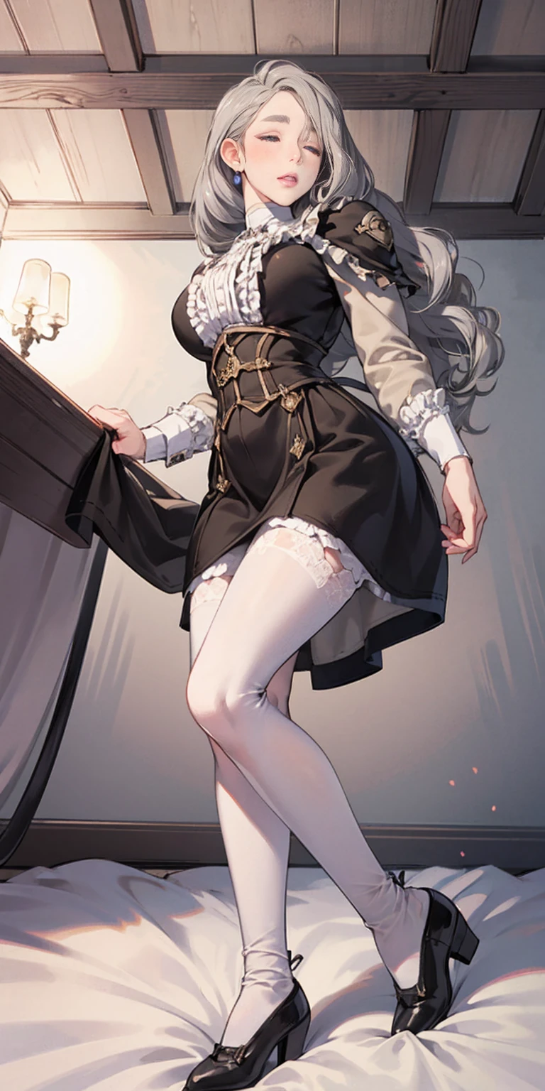 ((masterpiece)), (Highest quality、16K), (Simple style), Big Breasts, Swinging Big , Wearing a face stolen from someone else, No sleeve, Sleeveless, Off the shoulder, Black Dress, Short skirt, Pleated lace, Lace dress, Dark blue knee socks. whole body, Luxurious Room, NSFW