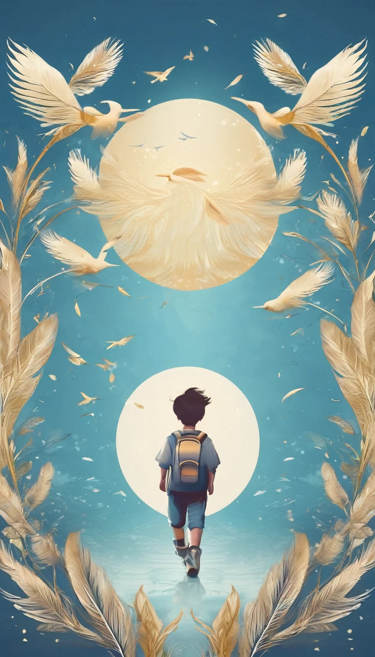 Create a minimalistic, simple, fantastic, easy to understand, logo design of a boy and a feather for an upcoming Brand called " Penamemoria". Create the logo in the center. A fantasy theme with birds and feathers as background, blue sky, white clouds. Use the colours light blue, white, golden in the logo. The logo design must convey a sense of storytelling, memories, dreams and music. Must convey a feeling of being a true Dreamer.