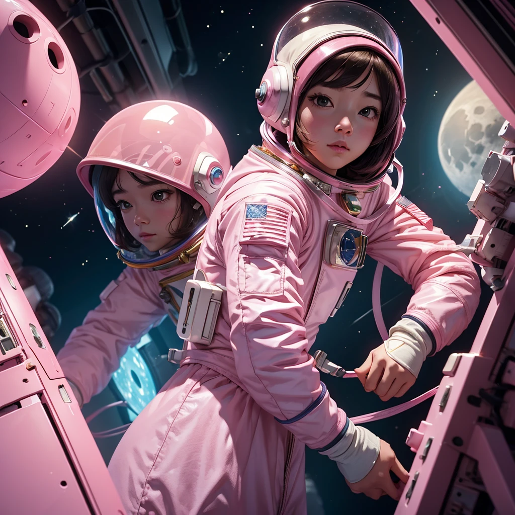 (One pink astronaut girl:1.3)、Go to the moon and encounter a lunar rabbit alien:1.7、,Very detailed,Intricate details,Ultra-realistic,Cinema Lighting,8K resolution,masterpiece
