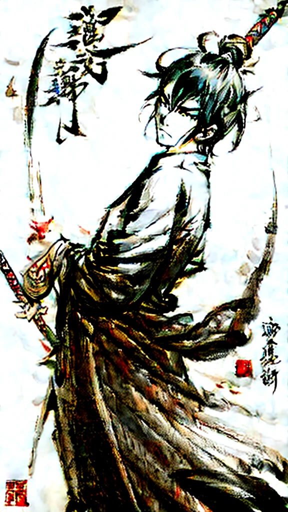 Ink painting of a male calligrapher in samurai style　On its back is a powerful Japanese dragon ink painting　Ink droplets