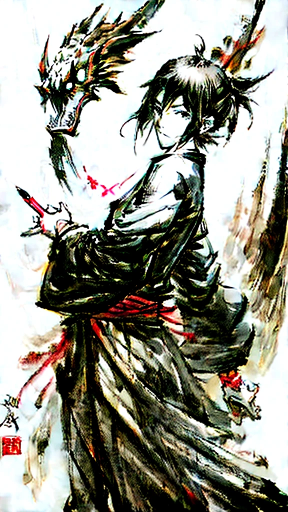 Chinese male martial art performer in a traditional elegant clothes, carrying unseathed chinese sword, calm face, fair skin, beautiful face, masterpiece, hyper detailed, chinese black dragon floating in the background.