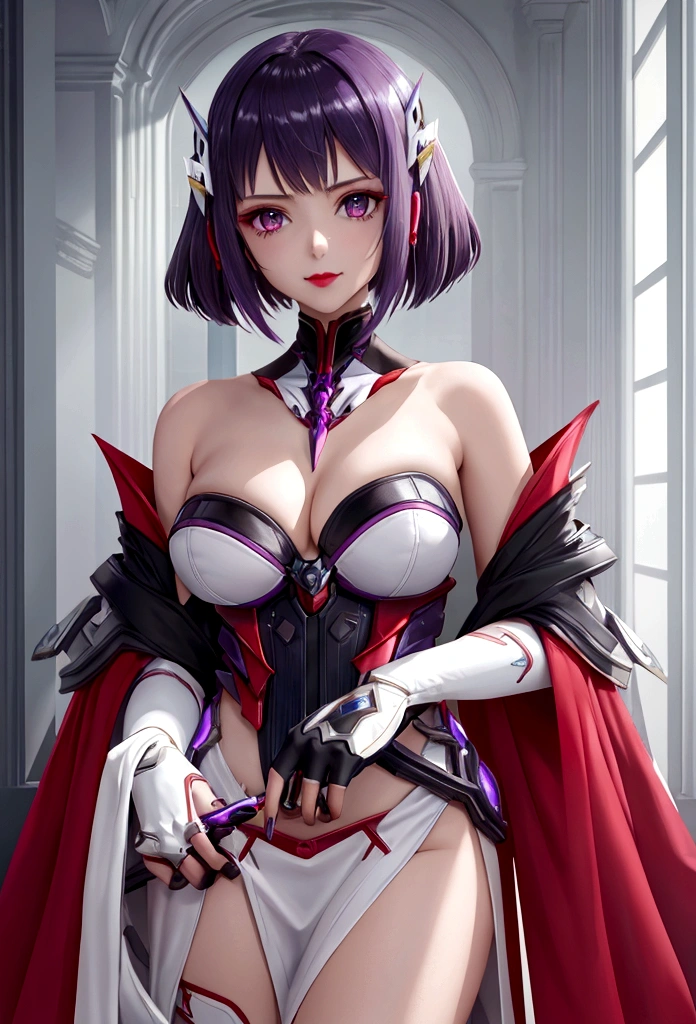 this \(xenoblade\), rot, don, strapless don, long white elbow gloves, ssmile, rot lipstick,light dark purple eyeshadow, make up