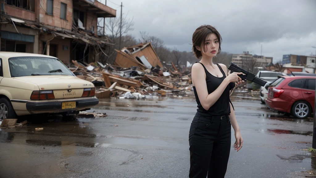 movie「resident evil」Heroine of the series、Depicting Alice Abernathy。Early 30s、shoulder-length brown hair、blue eyes。Wearing combat uniform、Black tank top、Black pants、Put on the boots。With a pistol in each hand、Looking straight ahead with a serious expression。The background is a devastated city、Destroyed buildings and cars scattered around。Heavy clouds hang over the gloomy sky。Alice is powerful、Standing with determination。