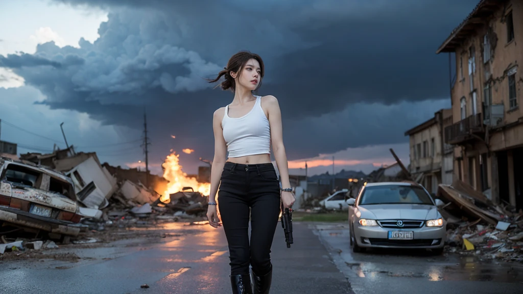 movie「resident evil」Heroine of the series、Depicting Alice Abernathy。Early 30s、shoulder-length brown hair、blue eyes。Wearing combat uniform、Black tank top、Black pants、Put on the boots。With a pistol in each hand、Looking straight ahead with a serious expression。The background is a devastated city、Destroyed buildings and cars scattered around。Heavy clouds hang over the gloomy sky。Alice is powerful、Standing with determination。