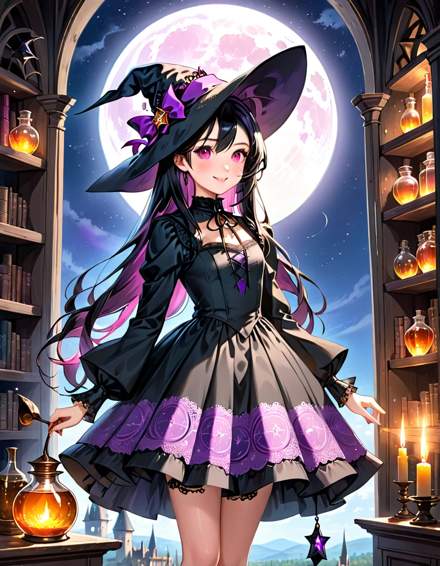Teenage boy magically transformed into a cute witch girl, gender bending, anime style, pink eyes, long black hair with pink dye, is happy, effeminate face, stunning black Victorian dress, pointy hat (best quality, ultra-detailed), rosy cheeks, enchanting smile, magical wand in hand, surrounded by floating glowing crystals, whimsical background, soft lighting, vibrant colors.