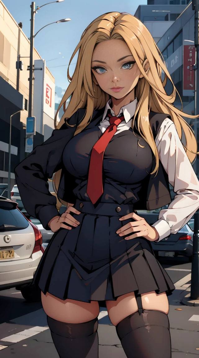 ((masterpiece, best quality)), insaneres, absurdres, solo, outdoors,
CLOTHING_BibleBlack_SchoolDress_ownwaifu, 
1girl, blonde hair,  long hair, blue eyes, 
black vest, red skirt, white shirt, collared shirt, suspenders, , black thighhighs, zettai ryouiki, necktie, long sleeves, pleated skirt, red necktie, 
(contrapposto, hand on hip)lens flare, depth of field, bokeh, embers, vanishing point, looking at viewer, gigantic 