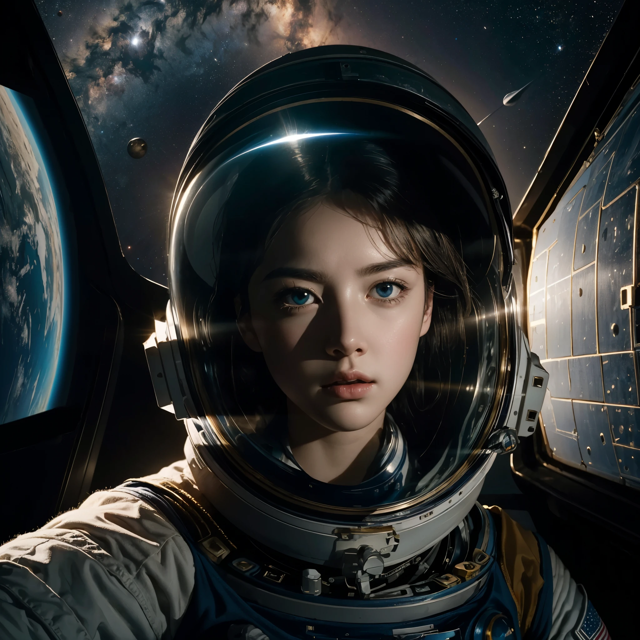 masterpiece,Highest quality,8K,High resolution,Finely detailed, Fantasy,dream-like,Photorealistic,Actual photo, Award-winning,Browsing Caution, dramatic,Dynamic configuration, Cool tones,mysterious,Anxious,nervous, Cinema lighting,Studio Lighting,Depth of written boundary, Physically Based Rendering, Thin Outline BREAK SF,Deep Universe,Interstellar, One astronaut,((Extravehicular operations)),The stars are reflected on the visor,((Space Colony)),