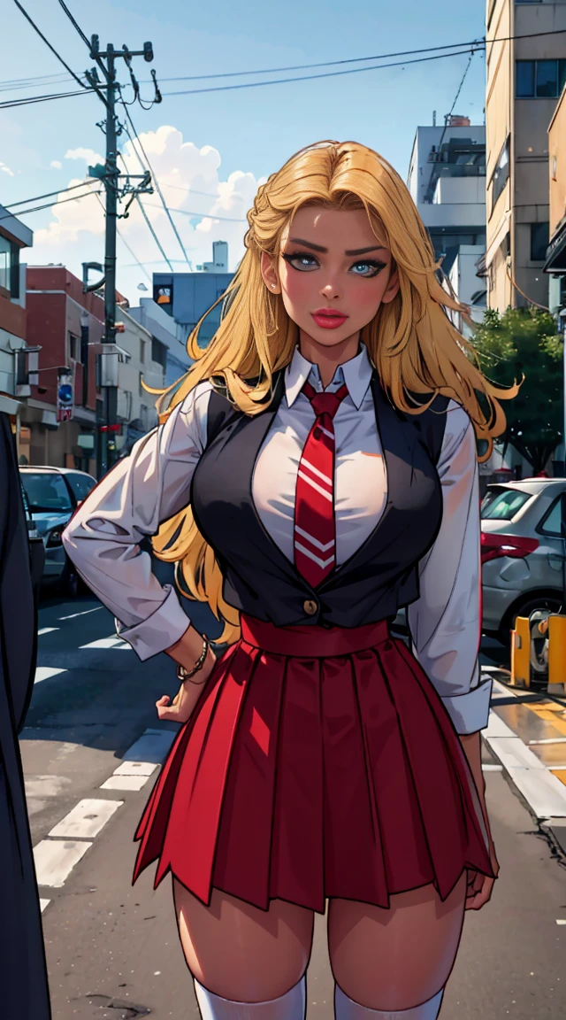 ((masterpiece, best quality)), insaneres, absurdres, solo, outdoors,
CLOTHING_BibleBlack_SchoolDress_ownwaifu, 
1girl, blonde hair,  long hair, blue eyes, 
black vest, red skirt, white shirt, collared shirt, suspenders, , black thighhighs, zettai ryouiki, necktie, long sleeves, pleated skirt, red necktie, 
(contrapposto, hand on hip)lens flare, depth of field, bokeh, embers, vanishing point, looking at viewer, gigantic 