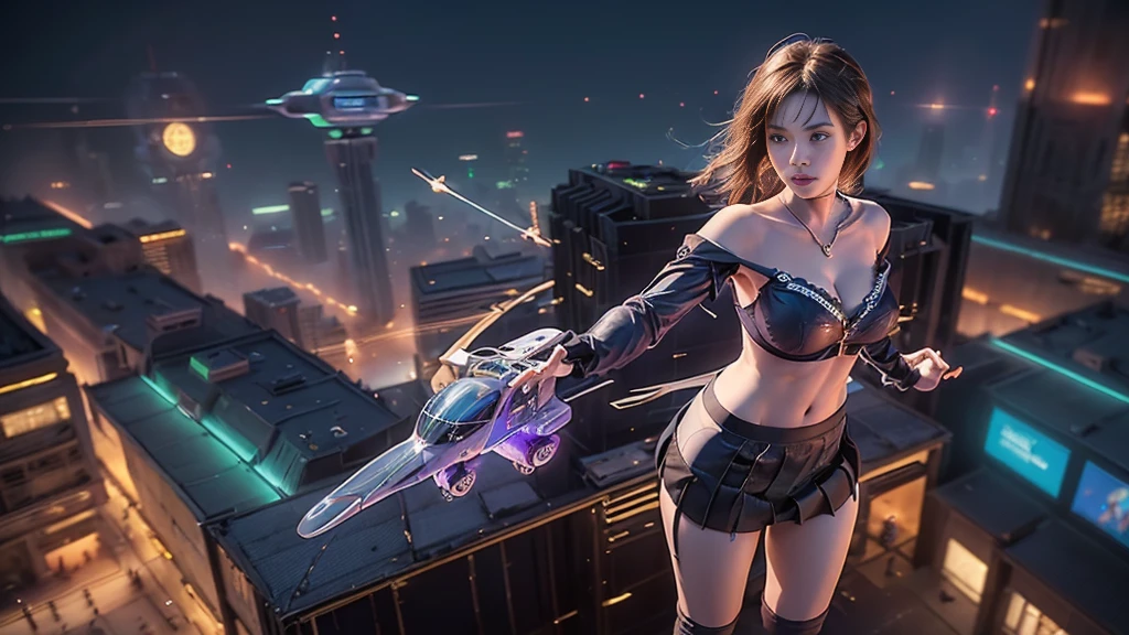 At night, dark sky, (((aerial view of futuristic sci-fi cyberpunk city, skyscrapers, (((((flying vehicle))))), (vortex-spirit-spreading giant ghost hologram (((clock tower))) as time machine), high quality))). Matrix style, (1girl, solo), photo realistic, (((large-breast:1.2 slim body, cleavage:1.3, tube top, very short pleated (((miniskirt))) exposing panty))), (((((matrix style black ((((((sunglasses)))))), aiming at camera with a (laser weapon):0.3))))), (((dynamic pose, half-body (thigh level) medium shot))), cinematic lighting.