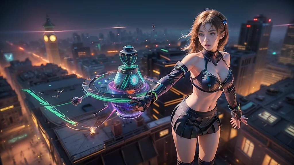 (aerial view). at night, futuristic sci-fi cyberpunk city, broad viaduct, skyscrapers at the end of the viaduct, the movie "13th Floor" style, (((((voltex-spirit-spreading giant clock tower as time machine))))), hq. Matrix style, at night, (1girl, solo), photo realistic, (large-breast:1.2 slim body, cleavage:1.3), (((tube top, extreamly short pleated (((miniskirt)))))), (((((matrix style black sunglasses))))), (((((aiming at camera with a (short:0.8 pistol)))))), (((half-body (thigh level) medium shot))), (cinematic lighting).