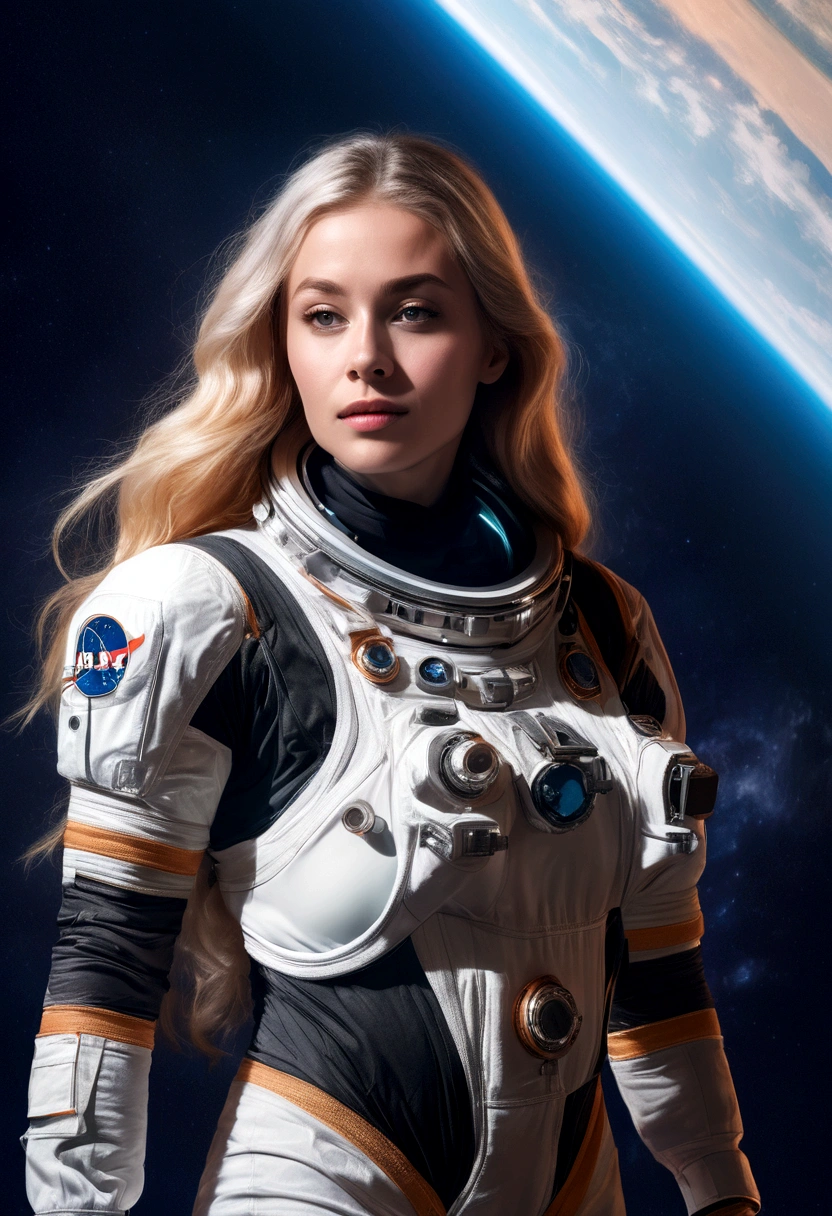 A beautiful astronaut, detailed space suit, floating in zero gravity, detailed helmet with visor, long blonde hair, serene expression, glowing planet in the background, atmospheric lighting, cinematic composition, ultrarealistic, 8k, highly detailed, photorealistic, dramatic lighting, vivid colors, otherworldly, concept art style, giga_busty, breasts, full body shot