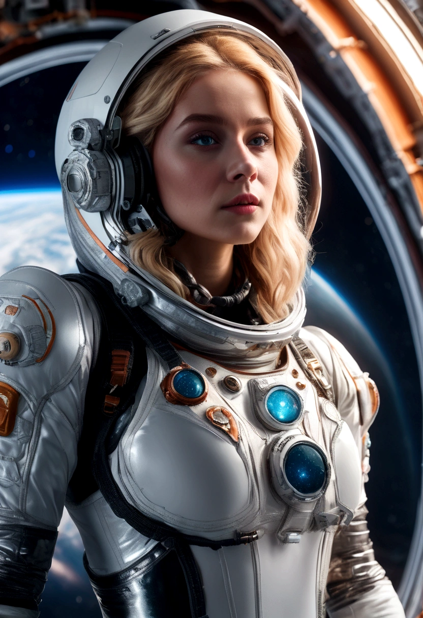 A beautiful astronaut, detailed space suit, floating in zero gravity, detailed helmet with visor, long blonde hair, serene expression, glowing planet in the background, atmospheric lighting, cinematic composition, ultrarealistic, 8k, highly detailed, photorealistic, dramatic lighting, vivid colors, otherworldly, concept art style, giga_busty, breasts, full body shot