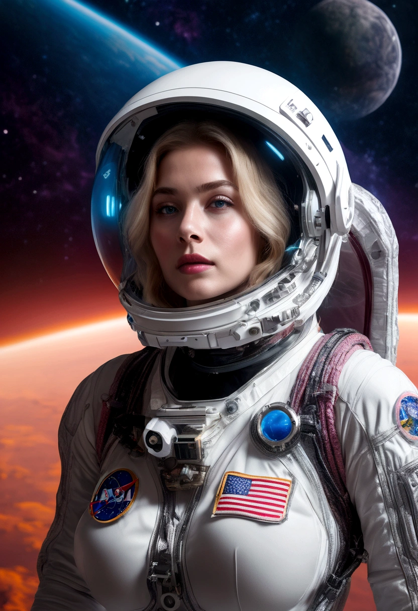 A beautiful astronaut, detailed space suit, floating in zero gravity, detailed helmet with visor, long blonde hair, serene expression, glowing planet in the background, atmospheric lighting, cinematic composition, ultrarealistic, 8k, highly detailed, photorealistic, dramatic lighting, vivid colors, otherworldly, concept art style, giga_busty, breasts, full body shot