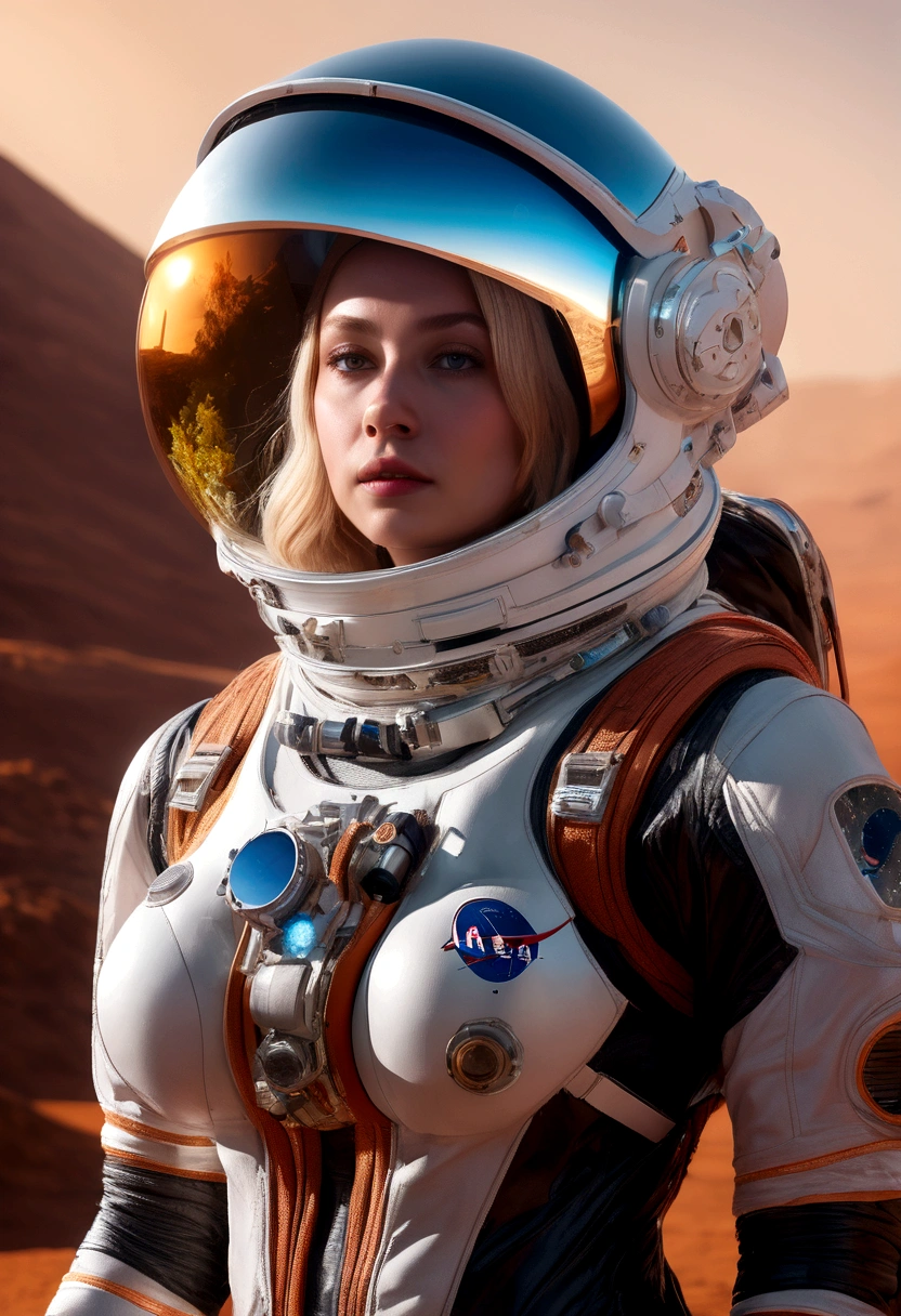 A beautiful astronaut, detailed space suit, floating in zero gravity, detailed helmet with visor, long blonde hair, serene expression, glowing planet in the background, atmospheric lighting, cinematic composition, ultrarealistic, 8k, highly detailed, photorealistic, dramatic lighting, vivid colors, otherworldly, concept art style, giga_busty, breasts, full body shot