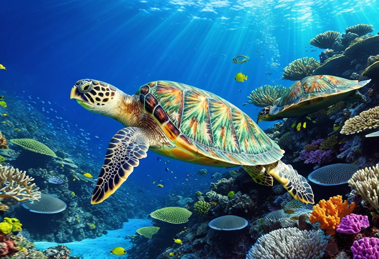 The sea is々Various sea animals are swimming, tropical Sea creatures, tropical reef, Sea Turtle, 4 k High-resolution wallpapers very detailed, Underwater world, Incredible depth, High-resolution wallpapers, water scenery, Coral Reef, Sea creatures, Amazing depth, Tropical sea, cartoon turtles, Detailed ocean, Beautifully detailed animals, Colorful HD images, Highly detailed background